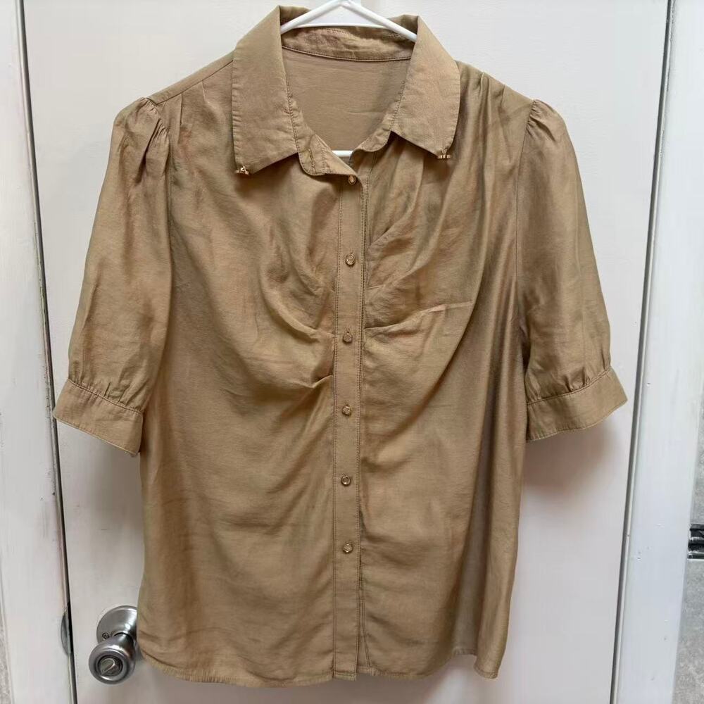 Women Tan Short Sleeve Button Down Blouse Ruched Front Collared Top Size M